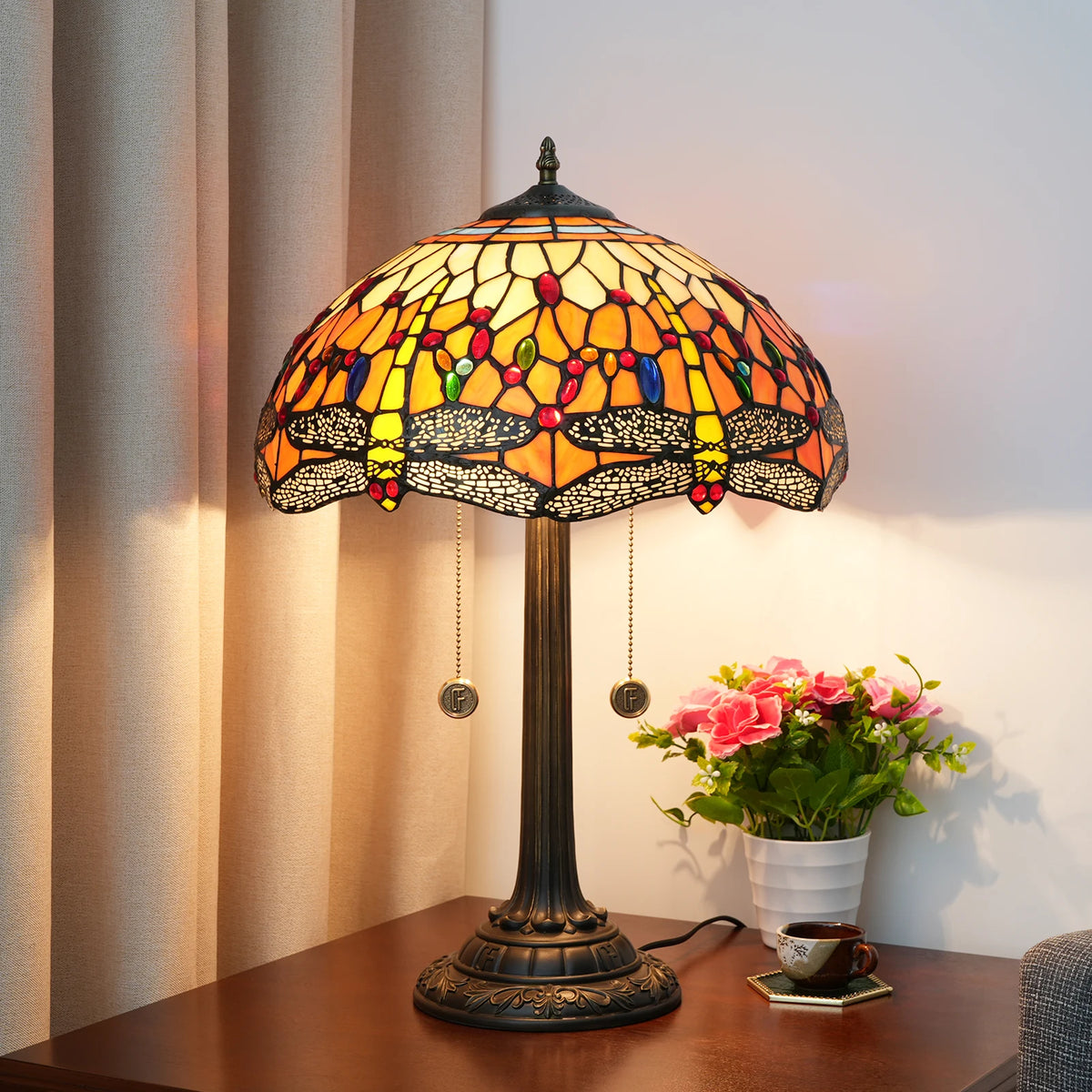 Lampe à poser vitrail orange motif libellule Odona